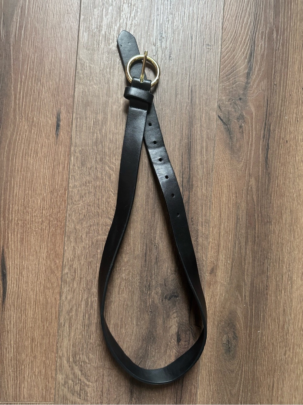 Classic Black Leather Belt with Gold Ring Buckle